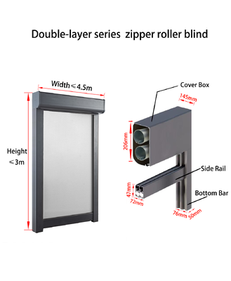 Double-layer zipper roller blind with dual-layer fabric, custom fabric pairing, and maximum width ≤4.5m