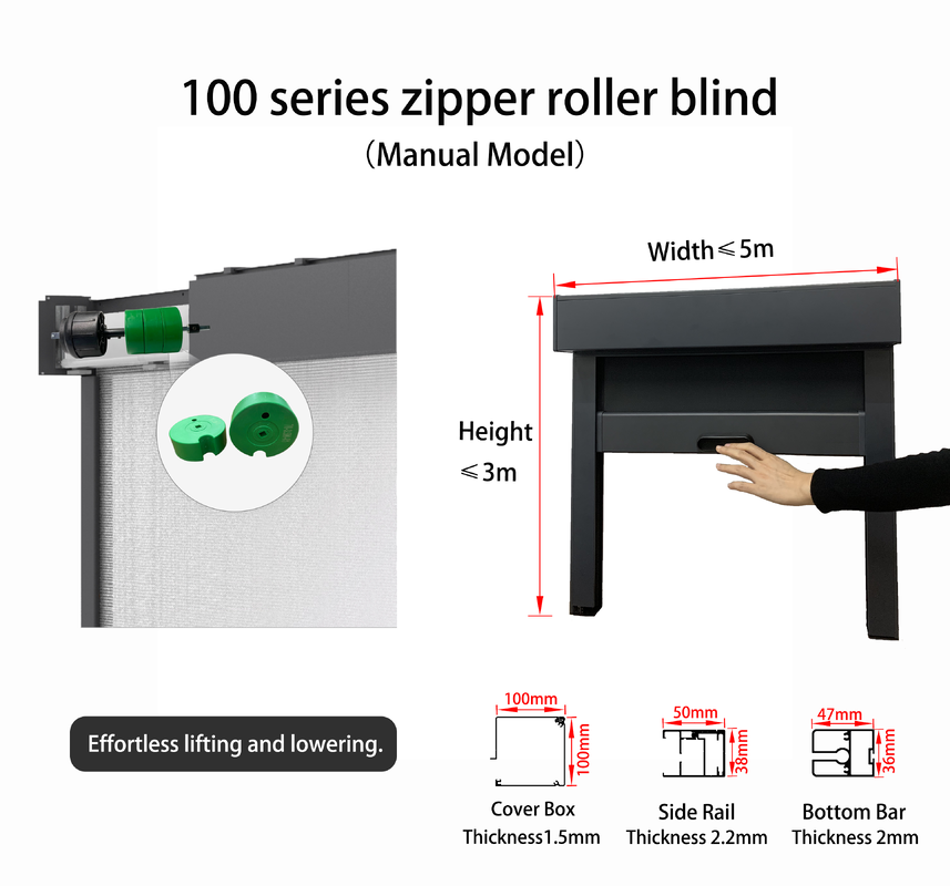 100 Series Manual Operation Zipper Roller Blind with No Power Supply Required and 20,000 Push-Pull Cycles