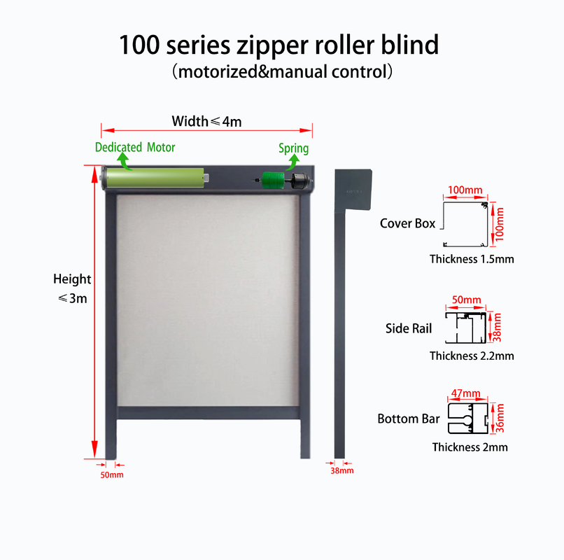 100 Series Zipper Roller Blind with Motorized & Manual Control, Power Outage Resistant, and Pull-Start & Auto-Stop Functions
